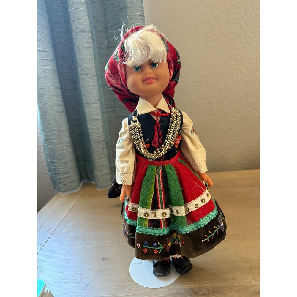 Vintage 18in Scandinavian Folk Doll Traditional Costume Embroidery Beaded Stand